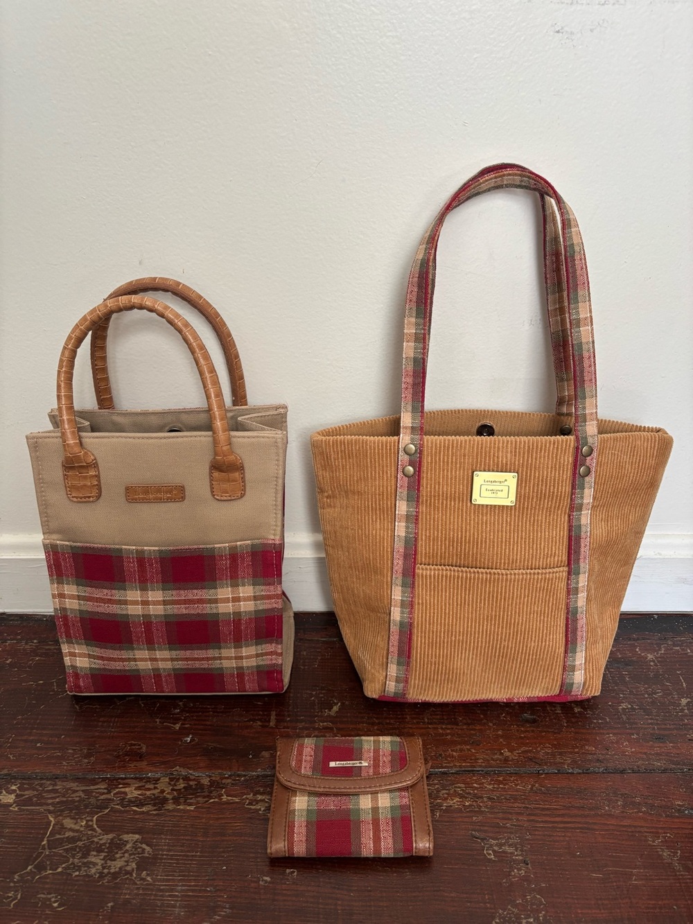 Longaberger Orchard Plaid Corduroy Tote Lunch Wallet Set